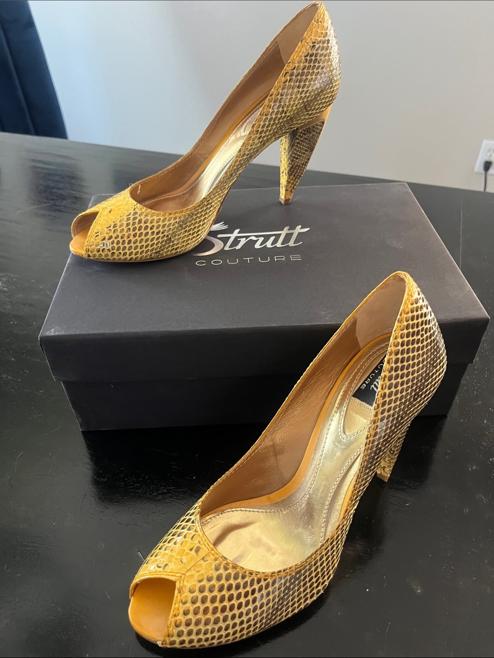 Yellow Snakeskin Print Peep-Toe Heels